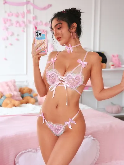Women Fashion Love Bowknot Transparent G-String Lace Strap Sexy Lingerie Set