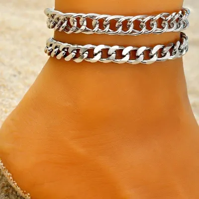 Women Simple Cuba Chain Anklet Two-Piece Set