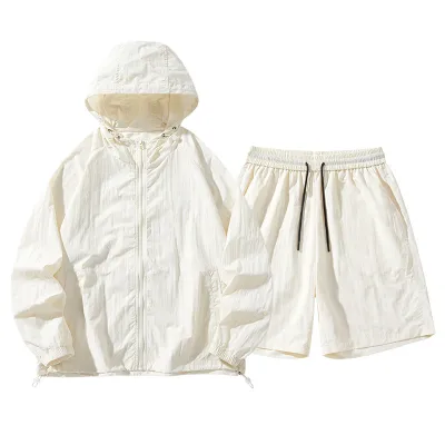Fashion Casual Solid Color Thin Breathable Sunscreen Long-Sleeve Hoodies Loose Shorts Two-Piece Set