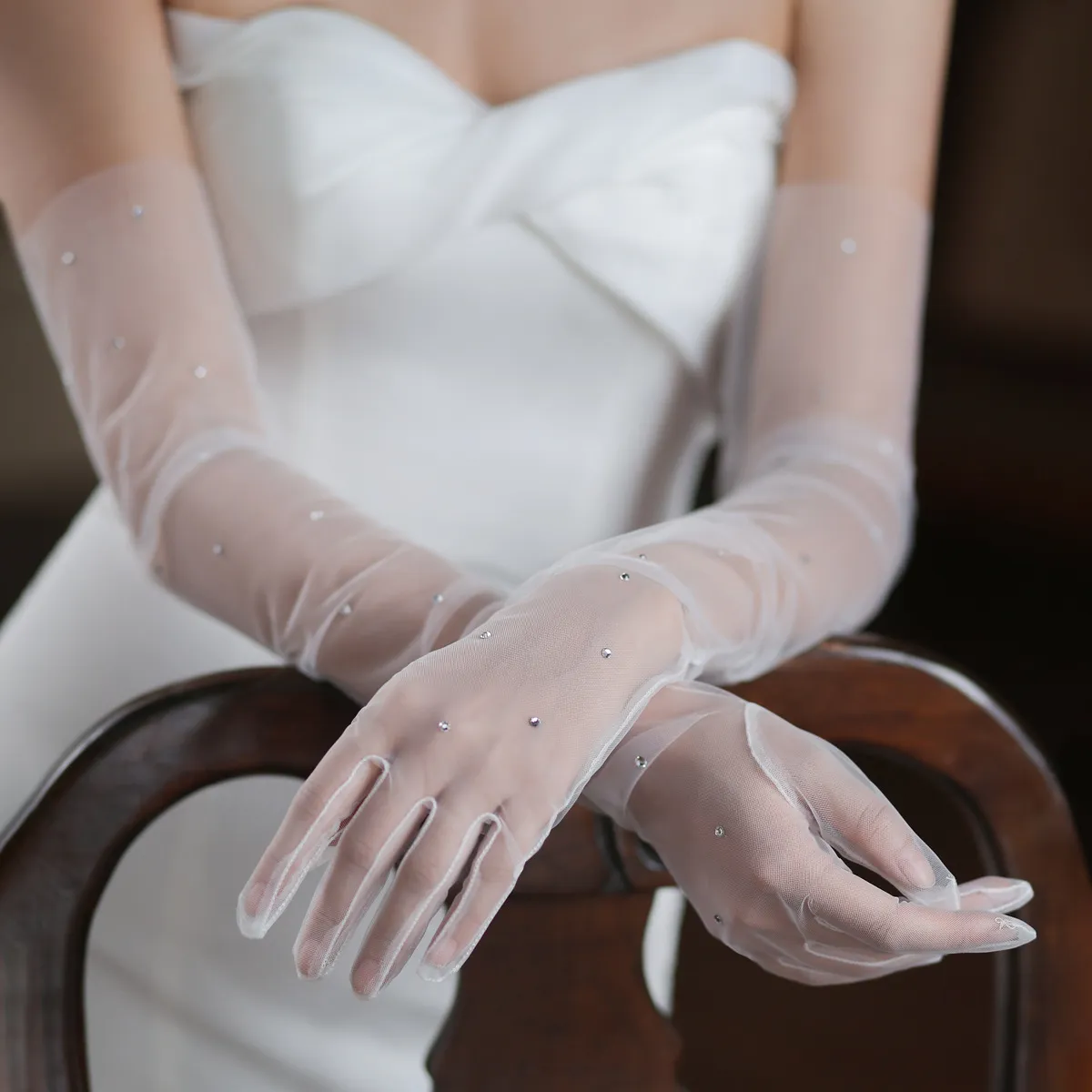 Women Elegant Rhinestone White Mesh Bridal Gloves for Wedding Party