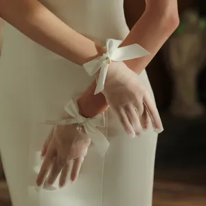 Women Fashion Bowknot Short Wedding Bride Thin Gloves