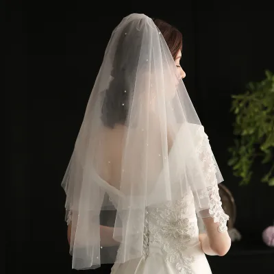 Women Fashion Pearl Double-Layer Hand-Stitched Simple Wedding Bridal Veil