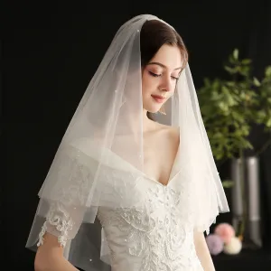 Women Fashion Pearl Double-Layer Hand-Stitched Simple Wedding Bridal Veil