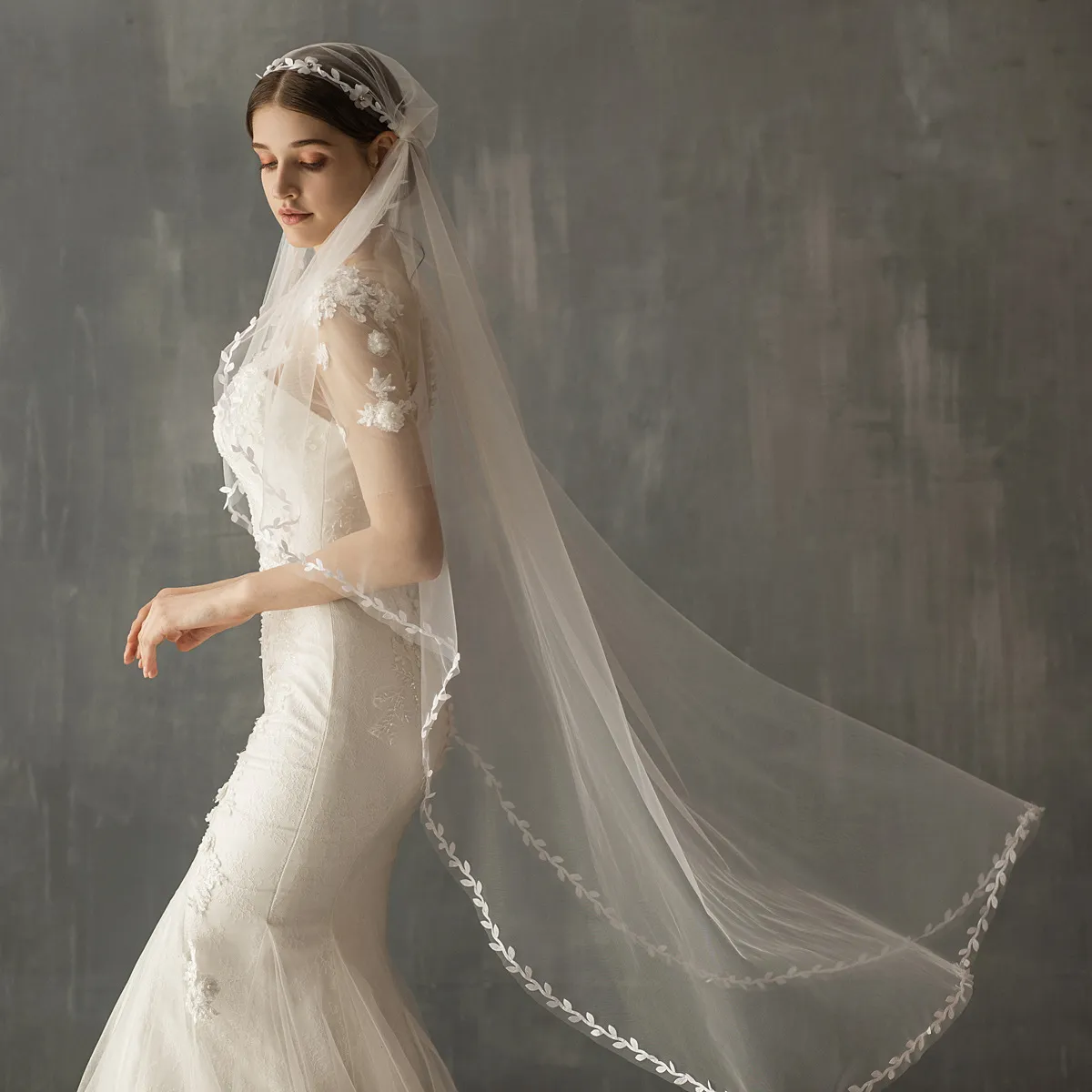 Women Fashion Retro White Leaf Lace Double Side Wedding Bridal Cap Veil