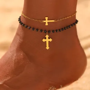 Fashion Rice Beads Rope Double-Layer Cross Chain Anklet for Women