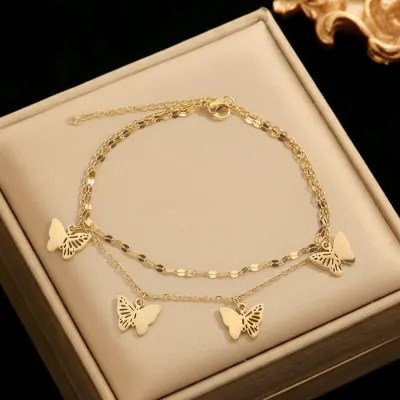 Women Fashion Double-Layer Hollow Butterfly Pendant Anklet