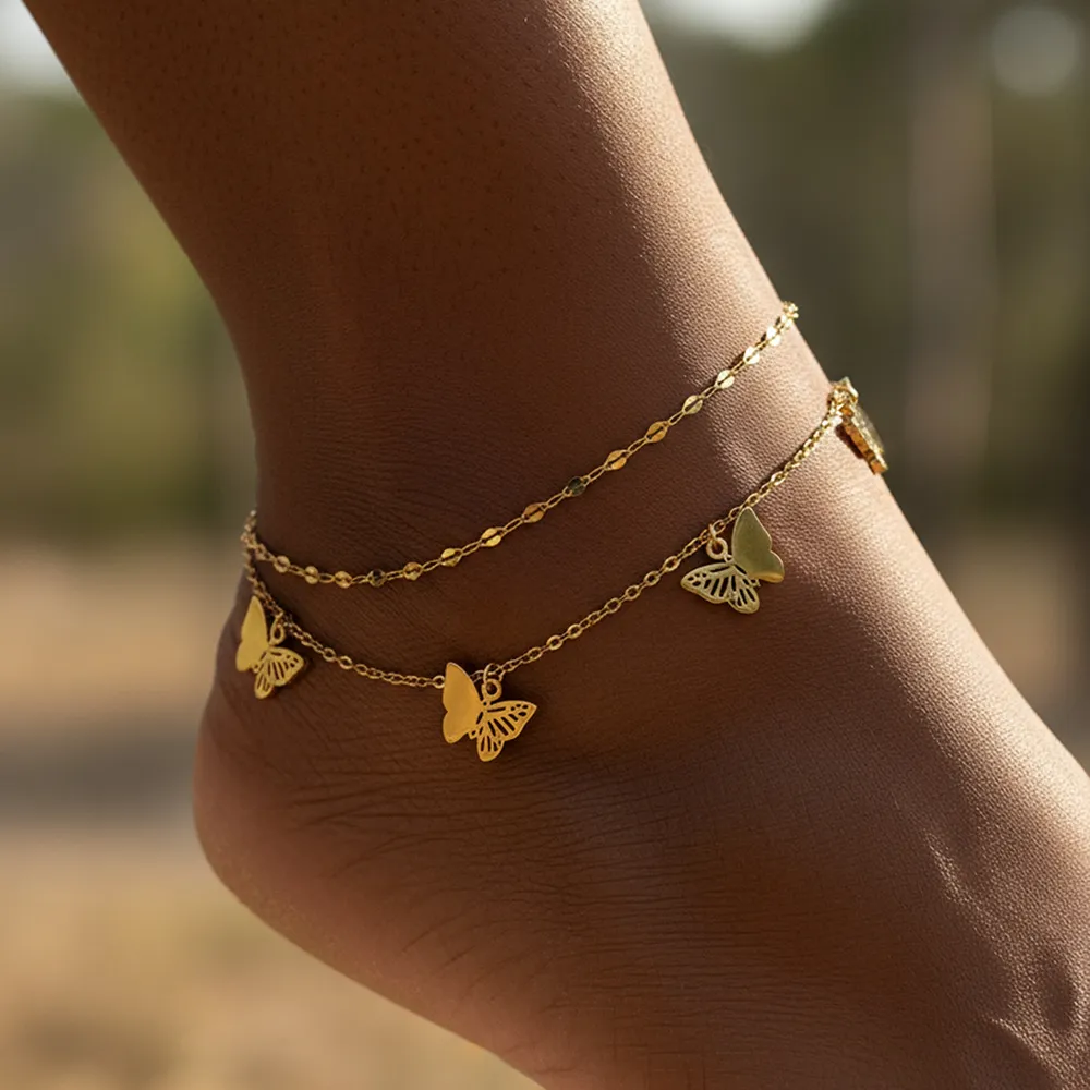 Women Fashion Double-Layer Hollow Butterfly Pendant Anklet