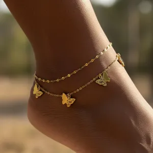 Women Fashion Double-Layer Hollow Butterfly Pendant Anklet