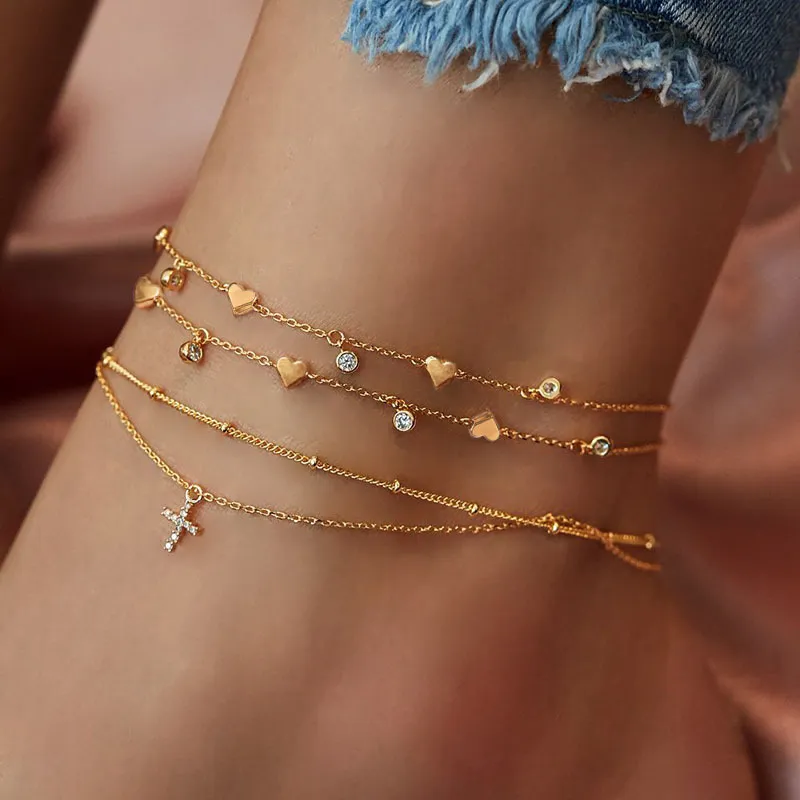 Women Creative Geometric Star Moon Pendant Multi-Piece Beach Anklet
