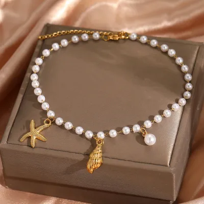 Women Fashion Marine Elements Imitation Pearl Beaded Shell Conch Star Adjustable Anklet