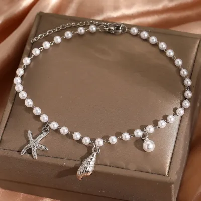 Women Fashion Marine Elements Imitation Pearl Beaded Shell Conch Star Adjustable Anklet