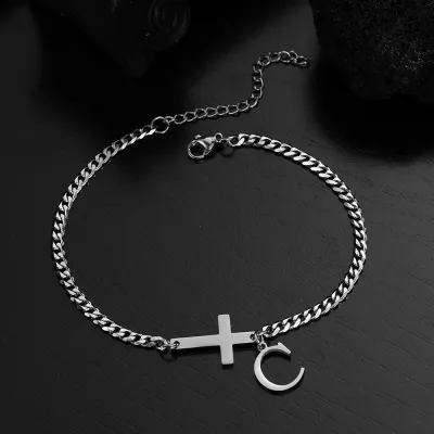 Women Fashion Casual Stainless Steel Cross 26 Alphabet Pendant Anklet