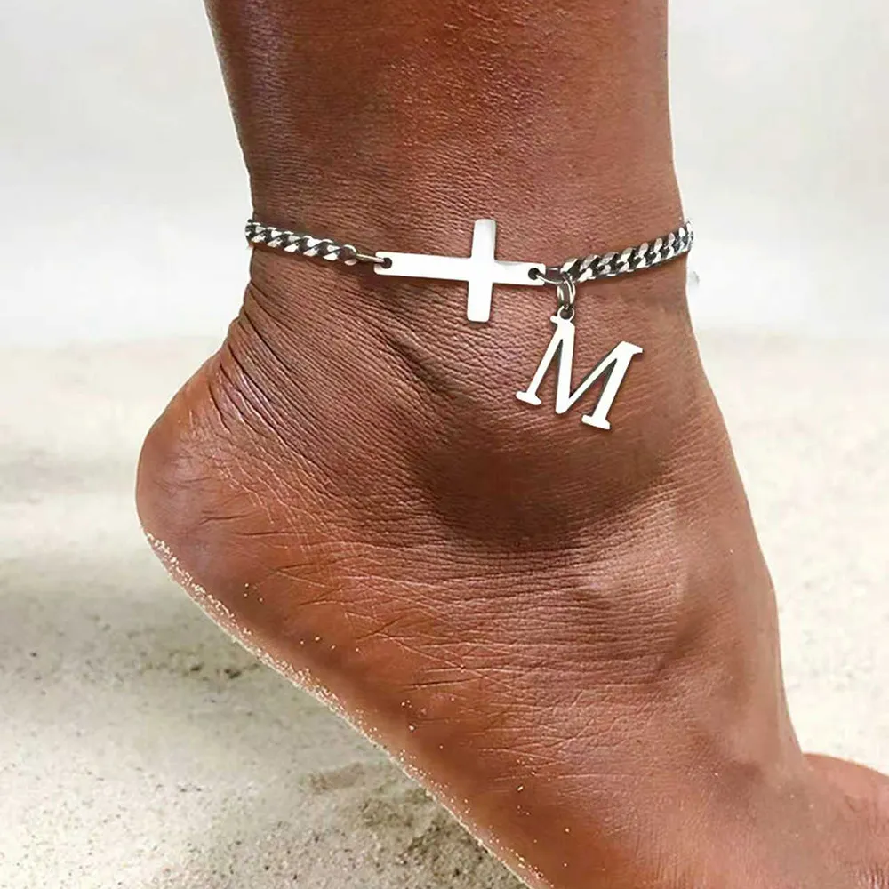 Women Fashion Casual Stainless Steel Cross 26 Alphabet Pendant Anklet