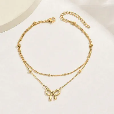 Women's Fashion Stainless Steel Double-Layer Bowknot Anklet