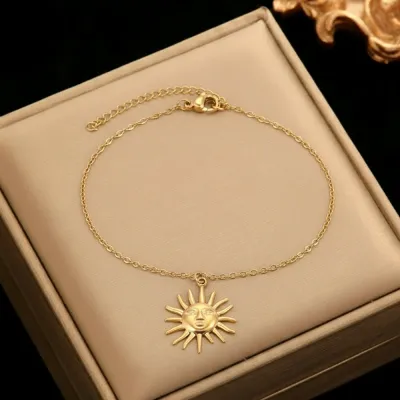 Women Fashion Stainless Steel Geometric Sun Pendant Anklet