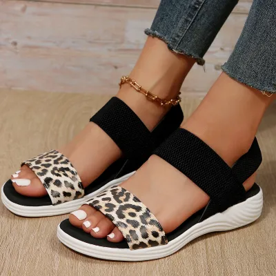 Women Fashion Casual Printed Peep-Toe Elastic Band Wedge Sandals