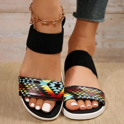 Women Fashion Casual Printed Peep-Toe Elastic Band Wedge Sandals