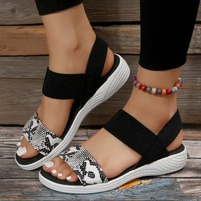 Women Fashion Casual Printed Peep-Toe Elastic Band Wedge Sandals