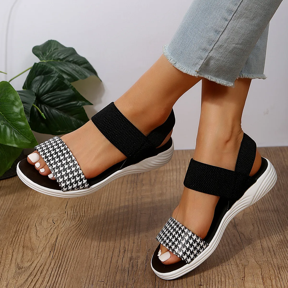 Women Fashion Casual Printed Peep-Toe Elastic Band Wedge Sandals