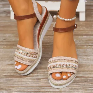 Women Fashion Boho Hemp Rope Peep-Toe Platform Sandals