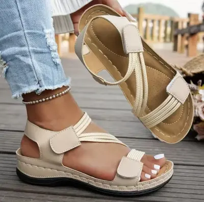 Women Fashion Casual Solid Color Peep-Toe Velcro Wedge Sandals
