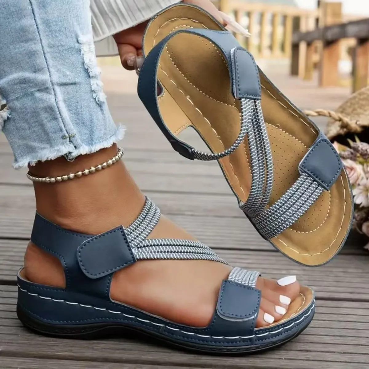 Women Fashion Casual Solid Color Peep-Toe Velcro Wedge Sandals