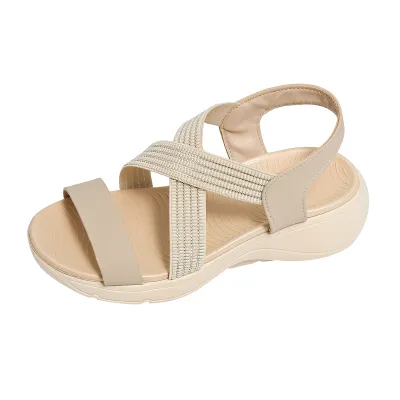 Women Fashion Casual Solid Color Peep-Toe Elastic Band Wedge Sandals