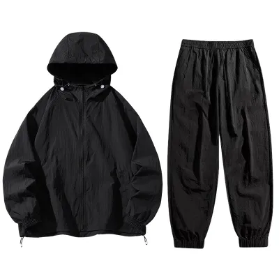Men's Fashion Casual Solid Color Thin Breathable Sunscreen Long-Sleeve Hoodies Loose Pants Two-Piece Set