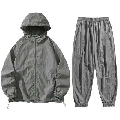 Men's Fashion Casual Solid Color Thin Breathable Sunscreen Long-Sleeve Hoodies Loose Pants Two-Piece Set