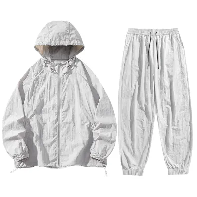 Men's Fashion Casual Solid Color Thin Breathable Sunscreen Long-Sleeve Hoodies Loose Pants Two-Piece Set