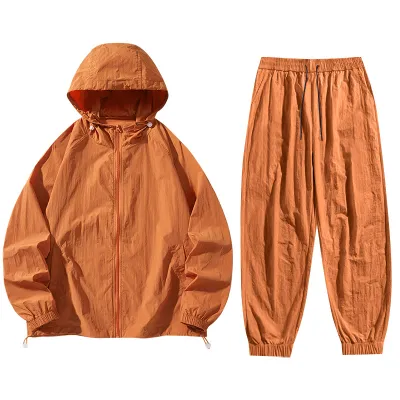 Men's Fashion Casual Solid Color Thin Breathable Sunscreen Long-Sleeve Hoodies Loose Pants Two-Piece Set