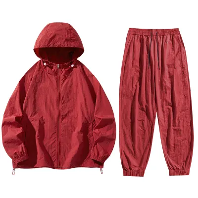 Men's Fashion Casual Solid Color Thin Breathable Sunscreen Long-Sleeve Hoodies Loose Pants Two-Piece Set
