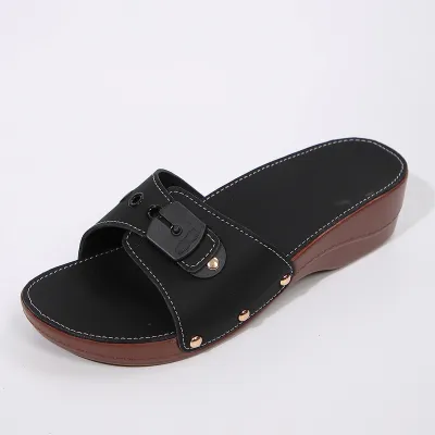 Women Fashion Casual Solid Color Platform Slippers with Belt Buckle Rivet Thick Sole