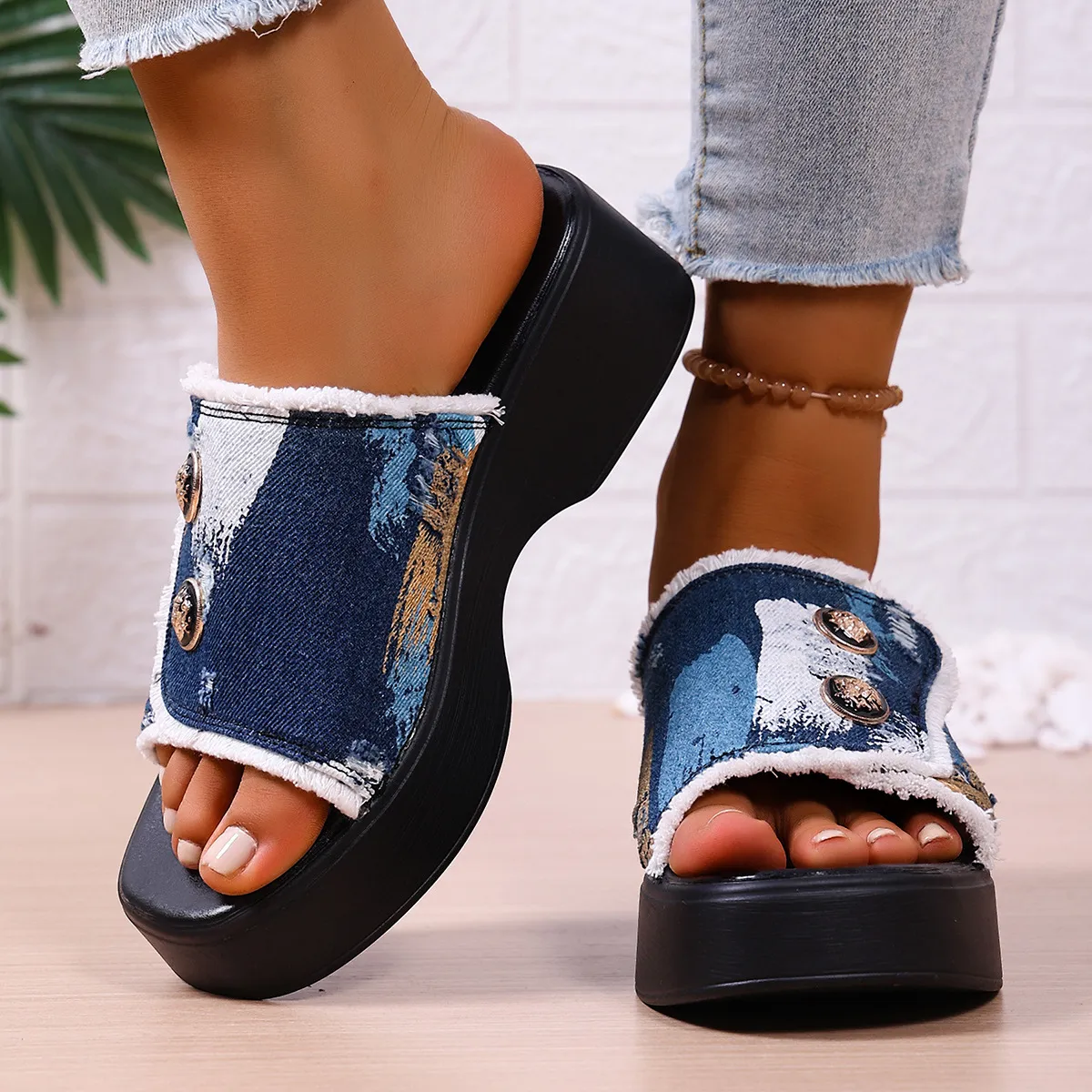 Women Fashion Casual Printed Peep Toe Slippers Non-Slip Thick Bottom Platforms