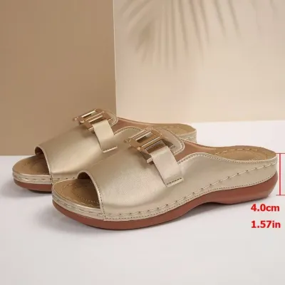 Women's Fashion Casual Solid Color Peep-Toe Metal Chain Wedge Slippers