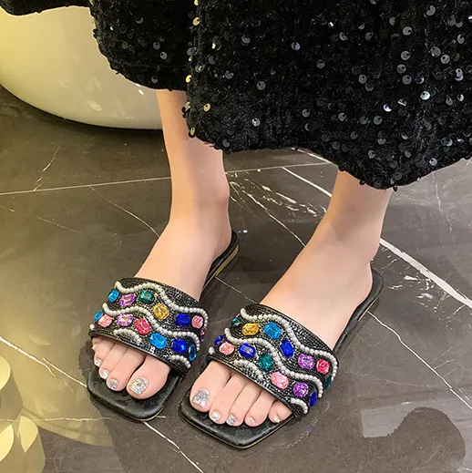 Women Fashion Casual Multicolor Rhinestone Square-Toe Flat Slippers Plus Size