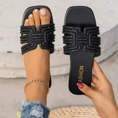 Women Fashion Rhinestone Square Toe Flat Slippers Plus Size