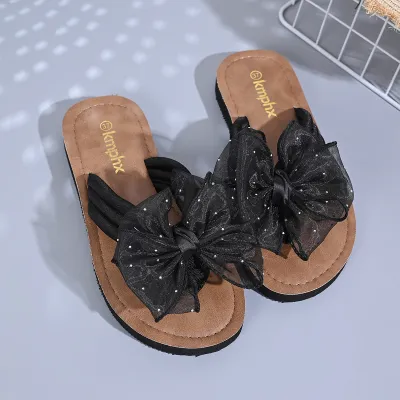 Women Fashion Casual Bowknot Flower Round-Toe Flat Slippers Plus Size