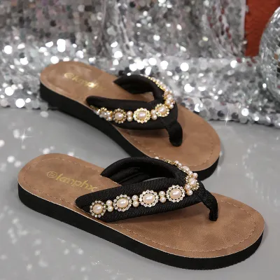 Women Fashion Casual Bowknot Flower Round-Toe Flat Slippers Plus Size