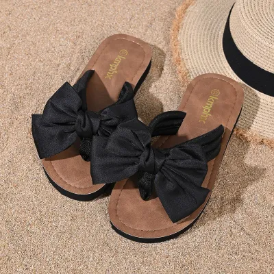 Women Fashion Casual Bowknot Flower Round-Toe Flat Slippers Plus Size