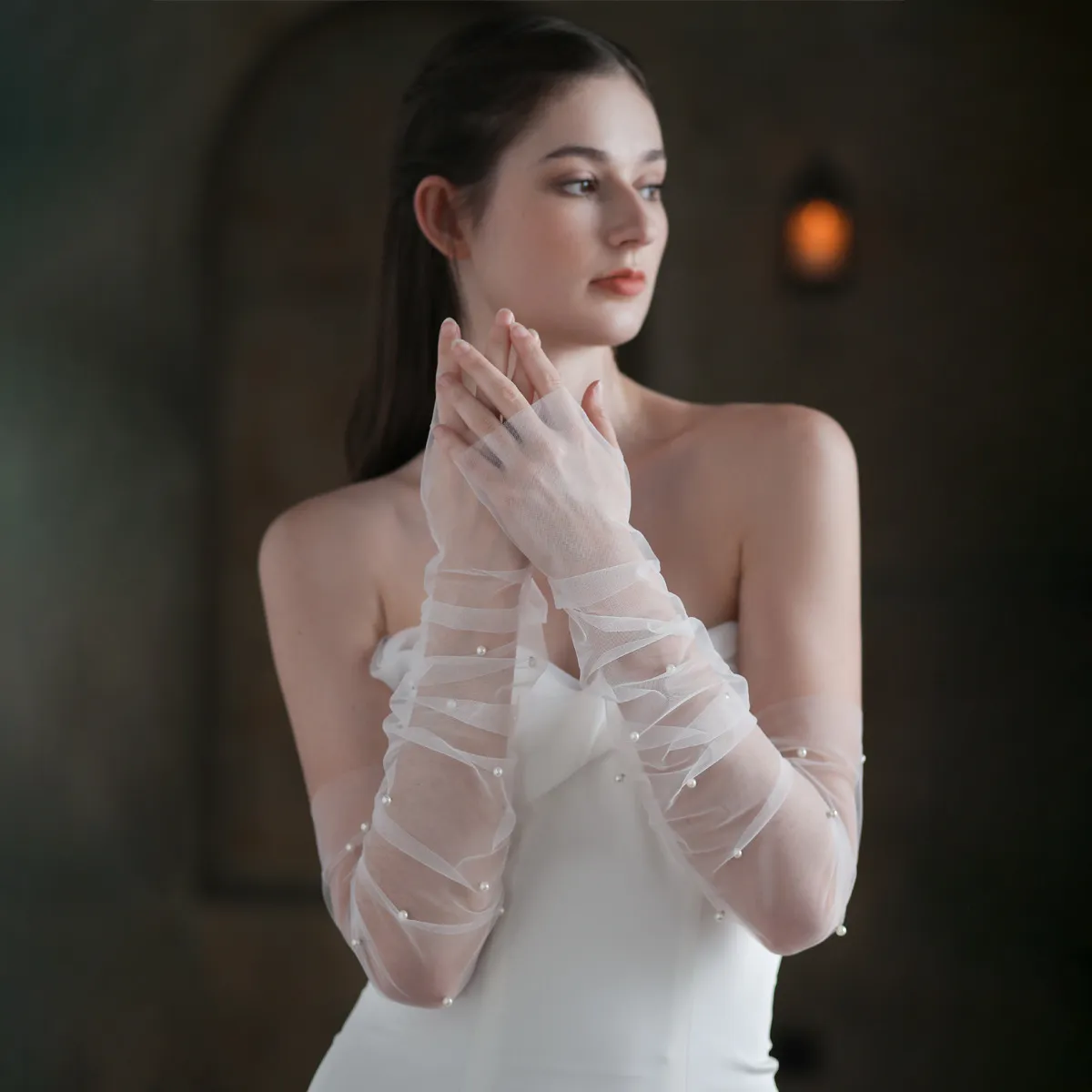 Women Fashion White Pearl Long Arm Bridal Gloves Simple Polyester