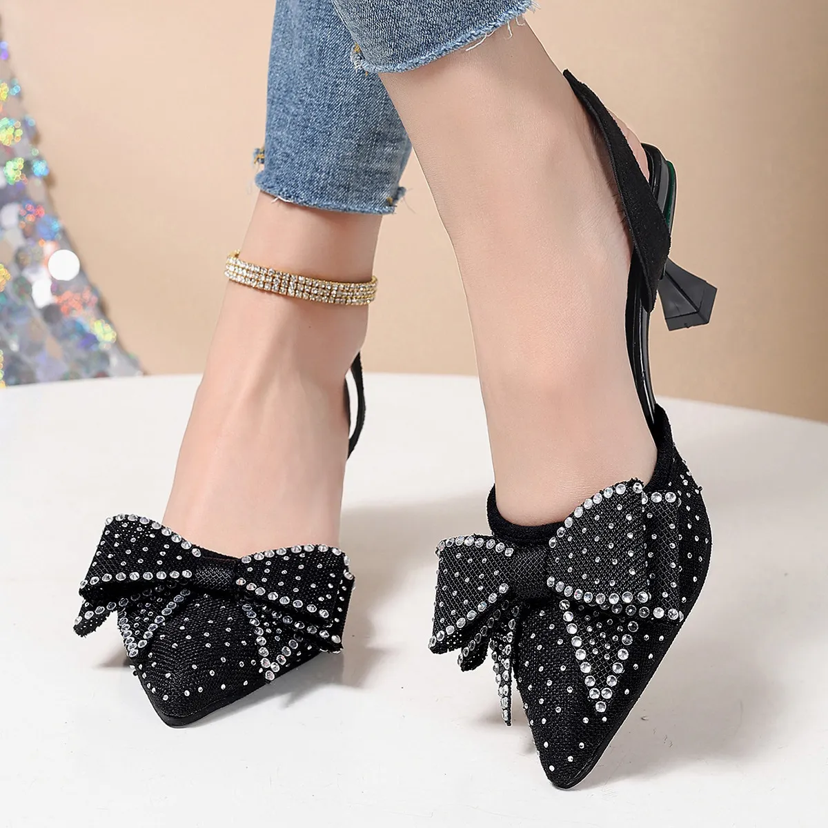 Women Fashion Elegant Rhinestone Bowknot Pointed-Toe High Heels PU Shoes