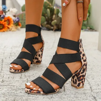 Women's Fashion Leopard Peep-Toe Chunky Heel Shoes with Elastic Band