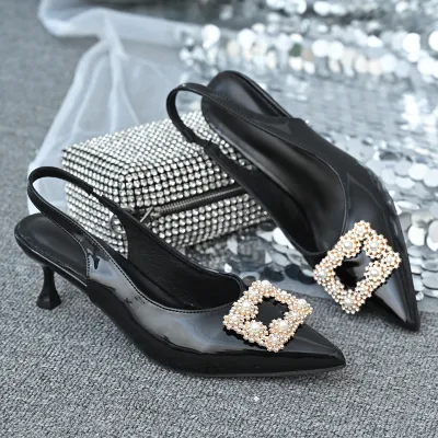 Women Elegant Solid Color Square Buckle Pointed Toe High Heel PU Shoes