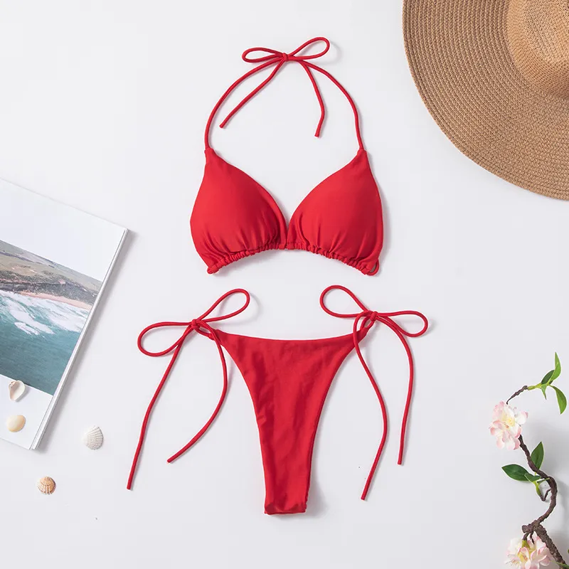 Women Fashion Sexy Solid Color Halter-Neck Lace-Up Bikini Swimsuit
