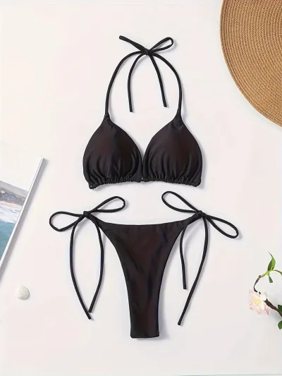 Women Fashion Sexy Solid Color Halter-Neck Lace-Up Bikini Swimsuit