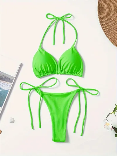 Women Fashion Sexy Solid Color Halter-Neck Lace-Up Bikini Swimsuit
