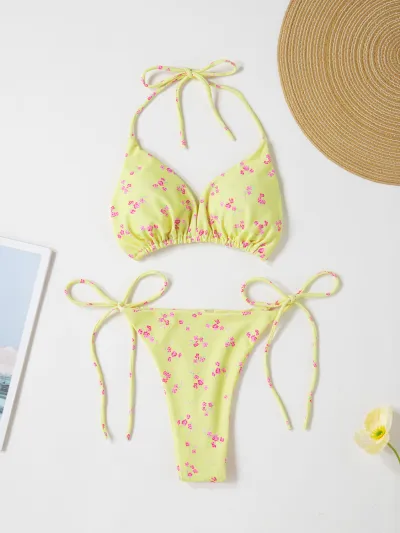 Women Fashion Sexy Solid Color Halter-Neck Lace-Up Bikini Swimsuit
