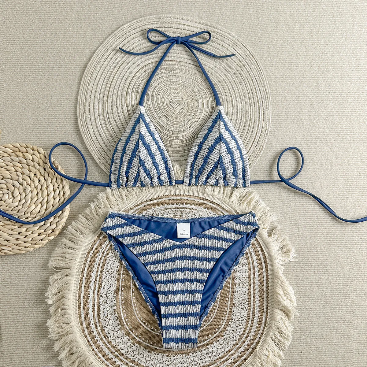 Women Fashion Sexy Stripe Halter-Neck Lace-Up Bikini Swimsuit