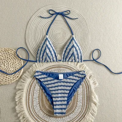 Women Fashion Sexy Stripe Halter-Neck Lace-Up Bikini Swimsuit